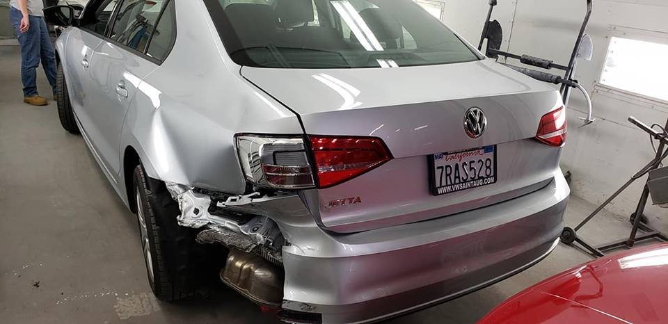 Rear-end collision repair on a Volkswagen Jetta at Cloot's Auto Body — Westfield, MA